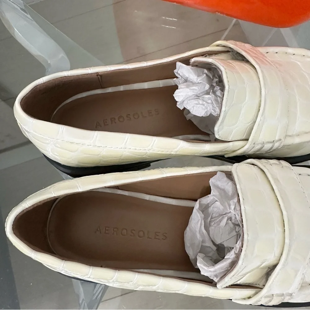Aerosoles Ulla Loafer Cream Croco Leather SZ 7.5 Casual Chunky Heel NWOT READ